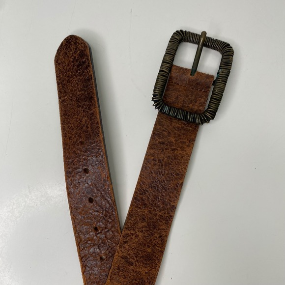 Artisanal Distressed Leather Belt Made in Italy Brown Ribbed Brass Buckle Size L - Picture 2 of 11